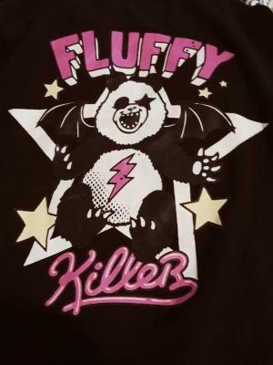 The back design. Rockstar panda with devil wings, saying FLUFFY KILLER.